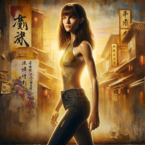 Athletic Thin skinny Attractive, Asian teenage girl, long brown hair and bangs, wearing tight skinny jeans and a halter top paint marks on her clothing, heroic pose Asian graffiti background, backside view