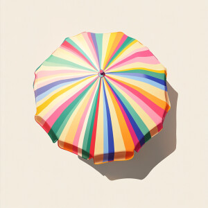 Create an illustration of a brightly colored, striped beach umbr...