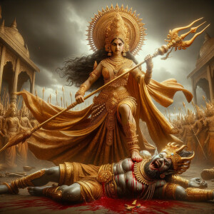 photograph of angry looking, indian goddess trampling a defeated...