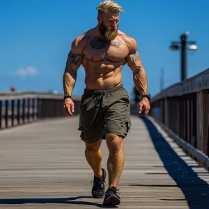 Muscle bodybuilder blonde hair beard hairy chest cargo shorts bl...