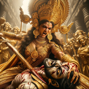 portrait of angry looking goddess durga pinning mahishasur to the ground. She is wearing gold armor, a huge gold crown, gold saree, abundant  gold jewelry, covered in blood. The scene is set in ancient India. The image is 8K resolution, photography, cinematic, ultra detailed face and epic