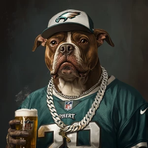 Create an image of a pit bull wearing a white gold chain and a Philadelphia Eagles  cap and football jersey. He is also holding a beer