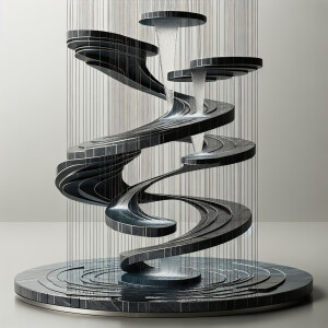 Create a design for a floating waterfall fountain featuring segm...