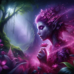 A captivating magenta-hued elf, radiating a mystical aura with e...