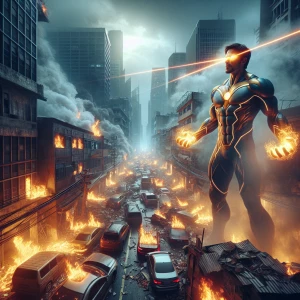 Create an image of a superhero as a villain, destroying cars and...