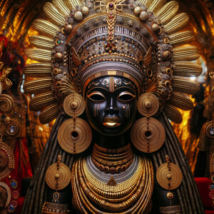 Hypnotic ritual African goddess made of gold and ebony in a fant...
