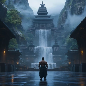 Envision a majestic temple at dawn, ensconced amidst cascading w...