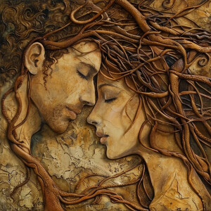 A depiction of a divine feminine with long, brown, curly hair in...