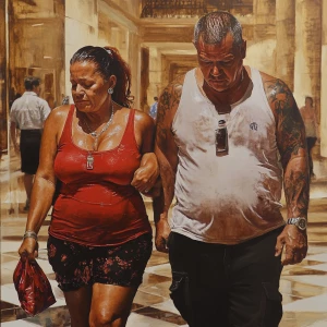 Hyperrealistic painting.A sweaty beefy man walking with his 54 y...