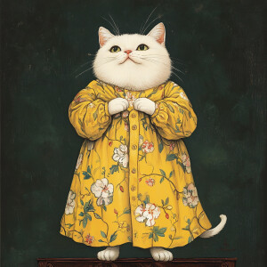 A plump cream-colored cat standing upright on two legs, wearing...