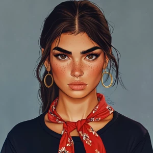 girl with brown hair, thick eyebrows, pumped up lips, potato nos...