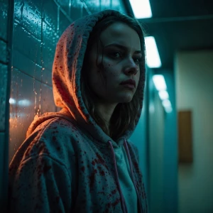 “A girl in a 1980s camp hoodie stares into a cracked mirror insi...
