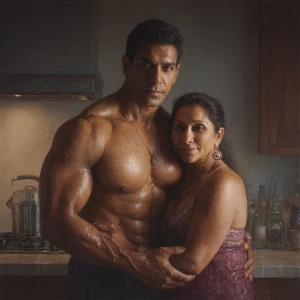 Hyperrealism photo painting.a muscular sweaty indian man stand...