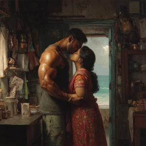 Hyperrealistic painting depicting a muscular, perspiring wealthy...