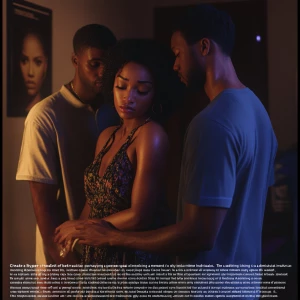 Certainly! Here's a detailed prompt for a lifelike image focusing on betrayal:

"Create a hyper-realistic image portraying a moment of betrayal involving three African American individuals. The setting is a dimly lit, intimate space like a cozy apartment. In the foreground, a beautiful black female stands close to one of the males, her partner, whose expression shows affection and trust as he holds her hand gently. Slightly behind them, the second male, who is the partner’s close friend, shares a furtive, knowing glance with the female. His body language is confident yet subtle, suggesting a hidden connection. The tension should be palpable in the image, with the lighting and shadows enhancing the emotional complexity of the scene. Facial expressions and eye contact should vividly convey the theme of deception and the emerging love triangle."