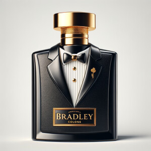 Create a realistic, 3-D cologne bottle That looks like a black Gucci tuxedo with a gold top and the name Bradley written in gold letters