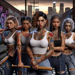 Photorealistic image of an East Los Angeles girl gang with promi...