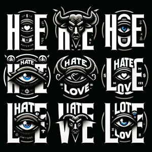 Create 10 
Circular logo hate love with  black, intigrate the wo...