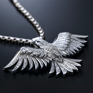 Create a futuristic sterling silver pendant featuring an eagle d...
