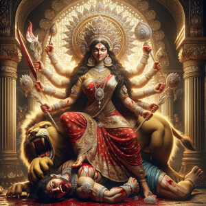 portrait of angry looking goddess durga, sitting on a gold crown and carrying a weak mahishasur on her lap. She is wearing diamond armor, a huge diamond crown, red saree, abundant diamond jewelry, covered in blood. The scene is set in ancient India. The image is 8K resolution, cinematic, ultra detailed face and epic.