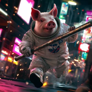 Cartoonish realistic pig in vintage white NASA style closed spac...