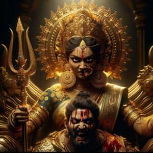 portrait of angry looking goddess durga sitting on a gold crown and carrying a weak mahishasur on her lap and stabbing him with her amazingly designed trident. She is wearing gold armor, a huge gold crown, gold saree, abundant  gold jewelry, covered in blood. The scene is set in ancient India. The image is 8K resolution, cinematic, ultra detailed face and epic.