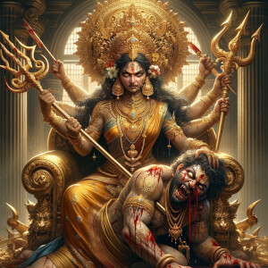 portrait of angry looking goddess durga sitting on a gold crown and carrying a weak mahishasur on her lap and stabbing him with her amazingly designed trident. She is wearing gold armor, a huge gold crown, gold saree, abundant  gold jewelry, covered in blood. The scene is set in ancient India. The image is 8K resolution, cinematic, ultra detailed face and epic.