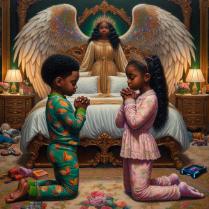An oil painting of two African-American children with dark skin,...