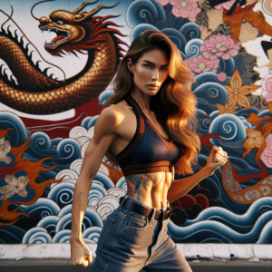 Athletic Thin skinny Attractive, Asian teenage girl, long brown hair and bangs, wearing tight skinny jeans and a halter top paint marks on her clothing, heroic pose Asian graffiti background, side view