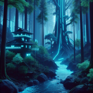 The hut stands in a forest with very tall trees. The river flows...