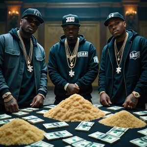 Guys dressed in hip-hop clothing and jewelry standing around a t...
