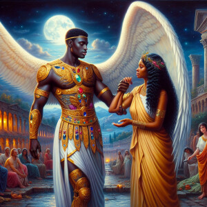 Create an oil painting image featuring a male angel and a grievi...