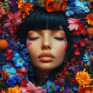 A very beautiful black haired woman surrounded by differently Co...