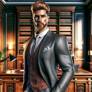 Craft a detailed forward-facing portrait of a muscular lawyer, w...