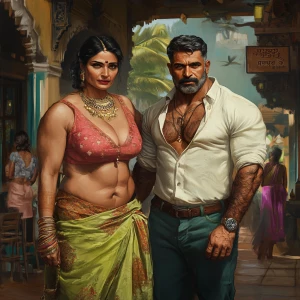 A criminal beefy muscular indian man entrring with his 50 year o...