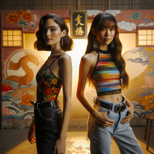 Athletic Thin skinny Attractive, Asian teenage girl, long brown hair and bangs, wearing tight skinny jeans and a halter top paint marks on her clothing, heroic pose Asian graffiti background, side view