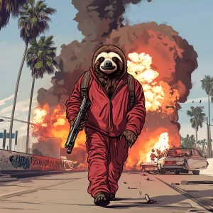 Sloths slerf meme..walking away from cars exploding, 90's clothi...