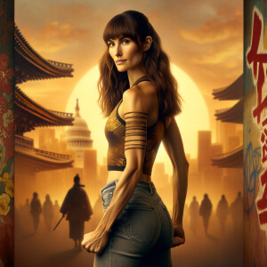 Athletic Thin skinny Attractive, Asian teenage girl, long brown hair and bangs, wearing tight skinny jeans and a halter top paint marks on her clothing, heroic pose Asian graffiti background, rear view