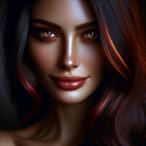 Head shot of a beautiful woman with bright golden eyes and long...