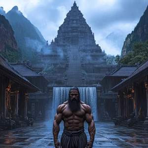 Envision a majestic temple at dawn, ensconced amidst cascading w...