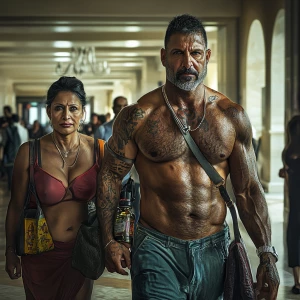 photorealism,fantasy,A sweaty tattoed muscular man walking with...