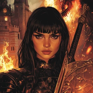 Create an image with a castle and dragon breathing fire in the background. Show a female knight with a sword in a heroic pose. They have long, straight black hair that frames their face, with bangs across the forehead. Their eyes are dark and expressive, accentuated with what appears to be eyeliner and possibly eyeshadow. The eyebrows are well-defined and arched.

The person has a warm, friendly smile that creates slight dimples in their cheeks. Their skin tone appears to be fair to medium. The nose is straight and proportionate to the face, and the lips are full. They are dressed in mid evil armor, and are holding up a shield to protect themselves from the flames the dragon is breathing out. They appear to be fighting the dragon.