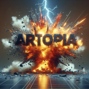 Create an image of the word "ARTOPIA" dramatically exploding aft...