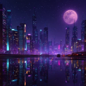 Create a  photo of a futuristic neon-lit cityscape at night, dep...