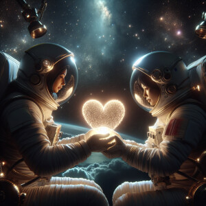 Two astronauts in zero gravity, gently holding a luminous heart-...