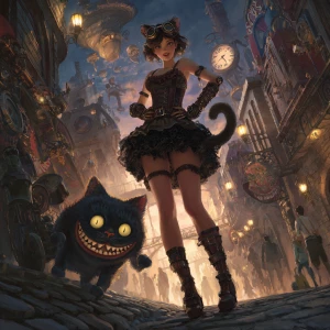 Alice in a steampunk world — wearing brass goggles, a leather co...