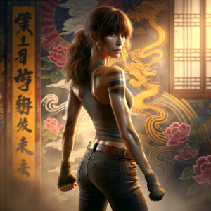 Athletic Thin skinny Attractive, Asian teenage girl, long brown hair and bangs, wearing tight skinny jeans and a halter top paint marks on her clothing, heroic pose Asian graffiti background, backside view