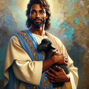 Oil painting of an African-American man resembling Jesus Christ,...