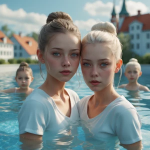 Make me  realistic swedish girls that are in a pool with white s...