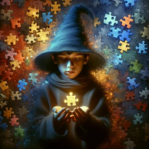 "Illustrate a young child gently holding a diverse group of puzz...